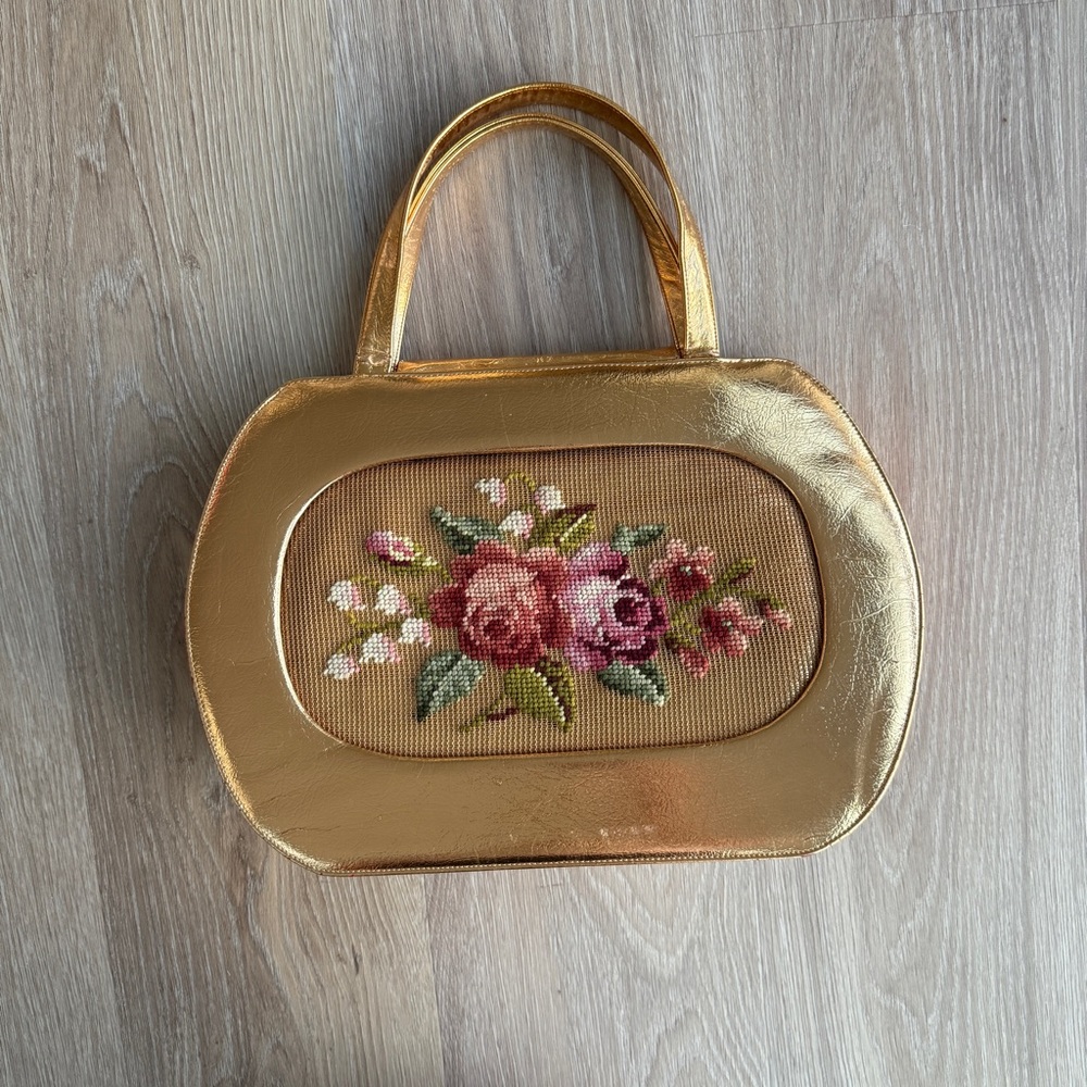 Vintage Pert Bag Gold Floral Needlepoint